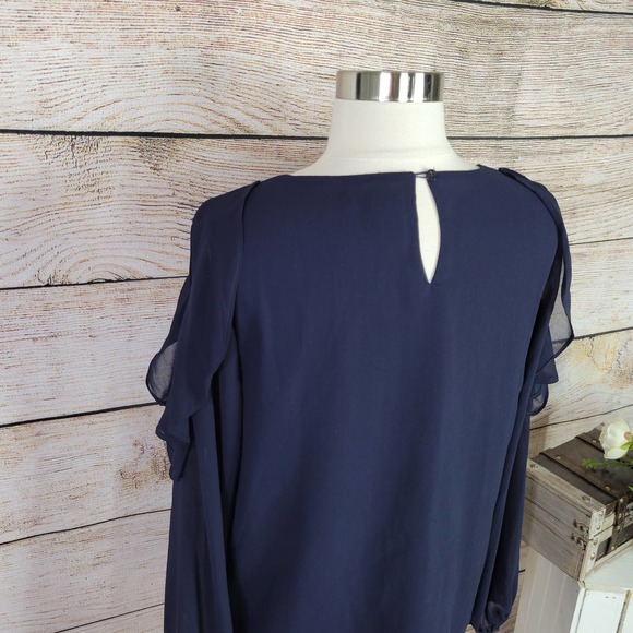 3/$25 Lucca Couture Women's Long Sleeve Slit Shoulder Ruffle Top Navy Small - Picture 4 of 8